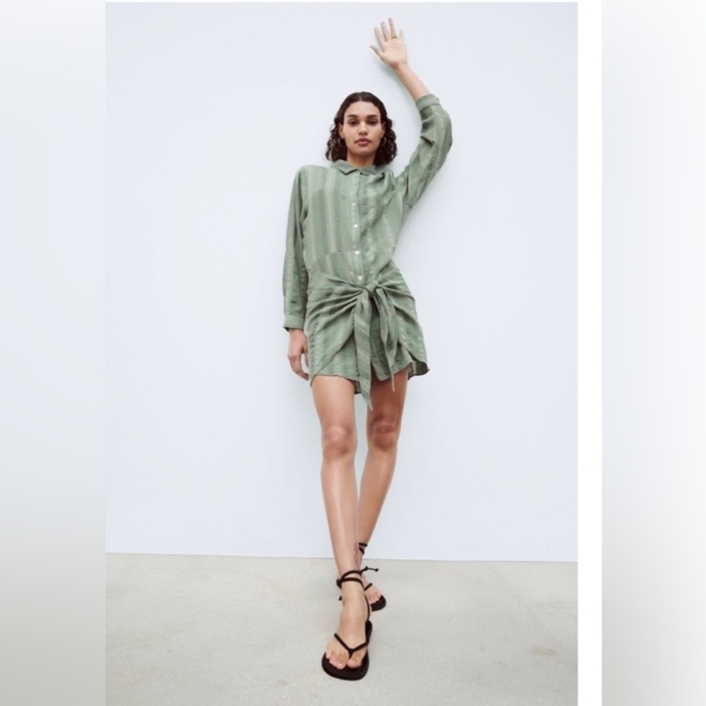 ZARA the Zoe Dress in moss green long sleeves vacay faux wrap dress size M NEW